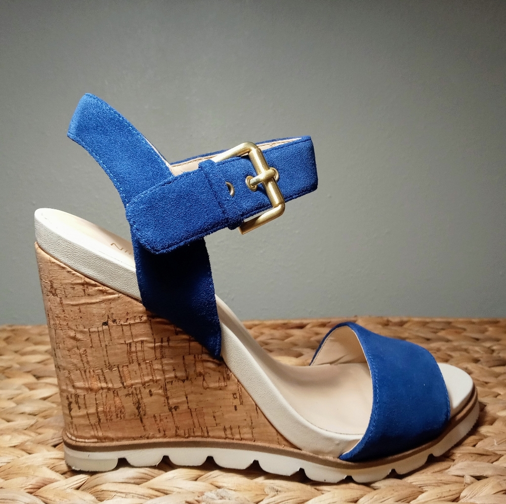 Nine West Blue Suede Cork Wedges